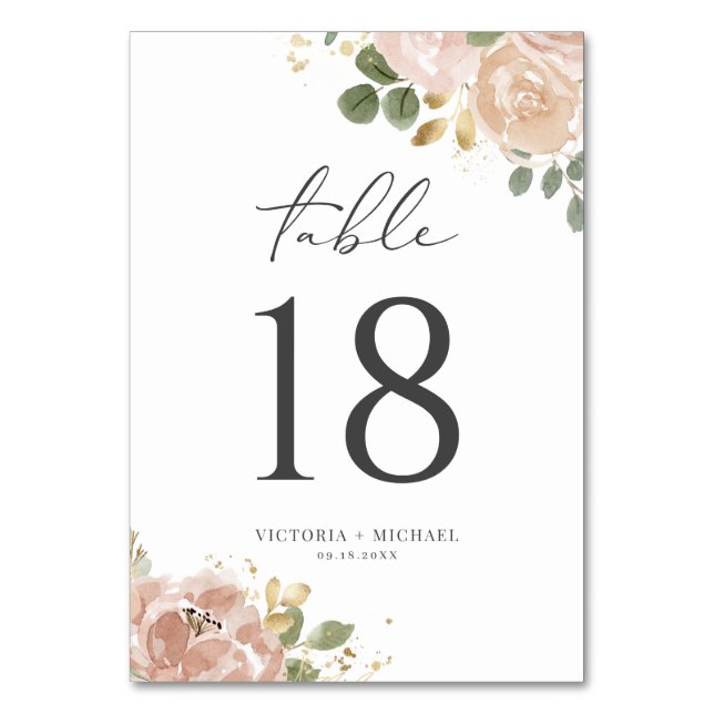 Watercolor Boho Mauve Peach Flowers Wedding Table Number (Front)