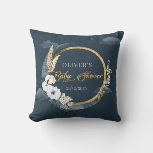 Watercolor boho navy and gold foil moon floral throw pillow