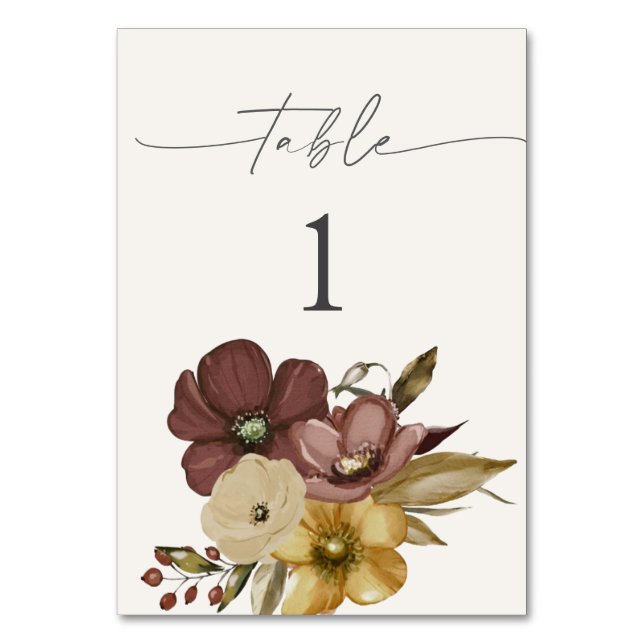 Watercolor Boho Neutral Wedding Table Numbers (Front)