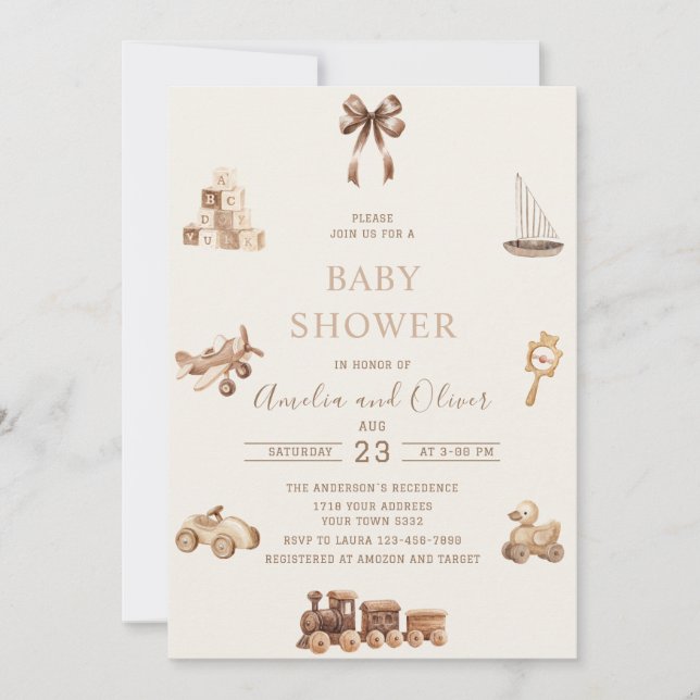Watercolor Boho Nursery beige toys  baby shower Invitation (Front)