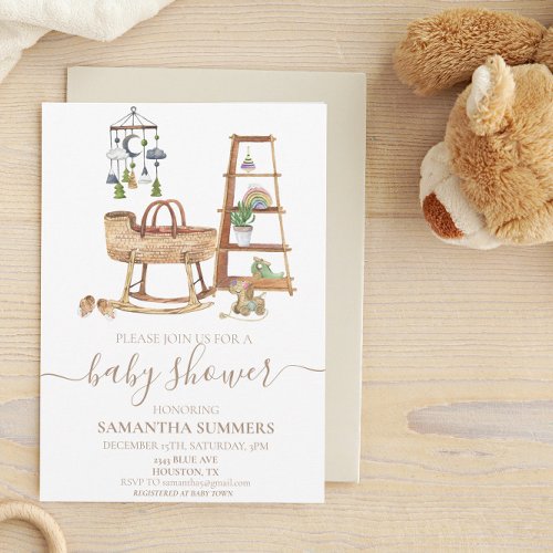 Watercolor Boho Nursery Mobile Crib Baby Shower   Invitation