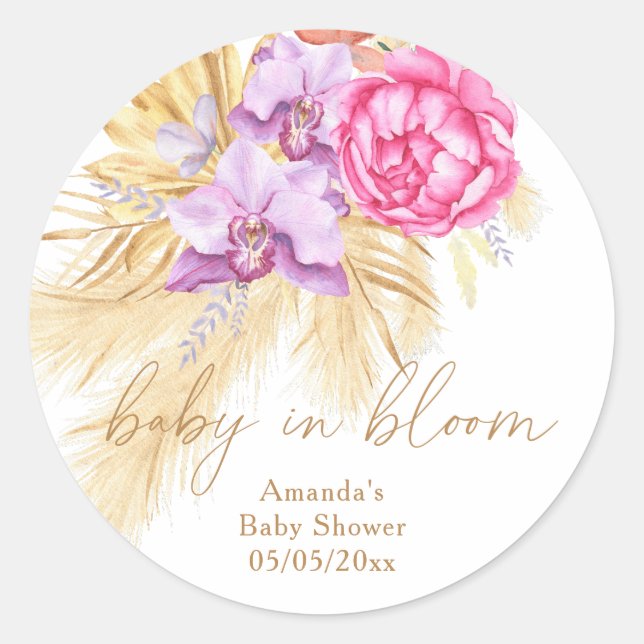 Watercolor boho pampas grass - Baby shower Classic Round Sticker (Front)