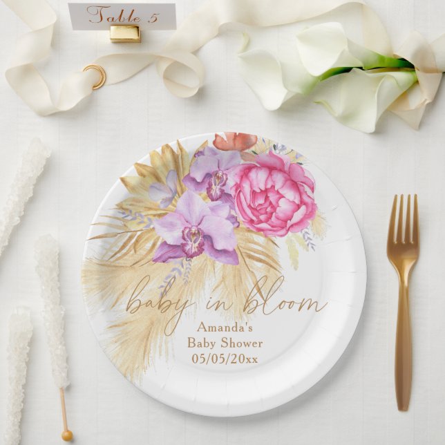Watercolor boho pampas grass - Baby shower Paper Plates (Wedding)