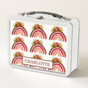 Watercolor Boho Pastel Kids Girl Floral Rainbow Metal Lunch Box