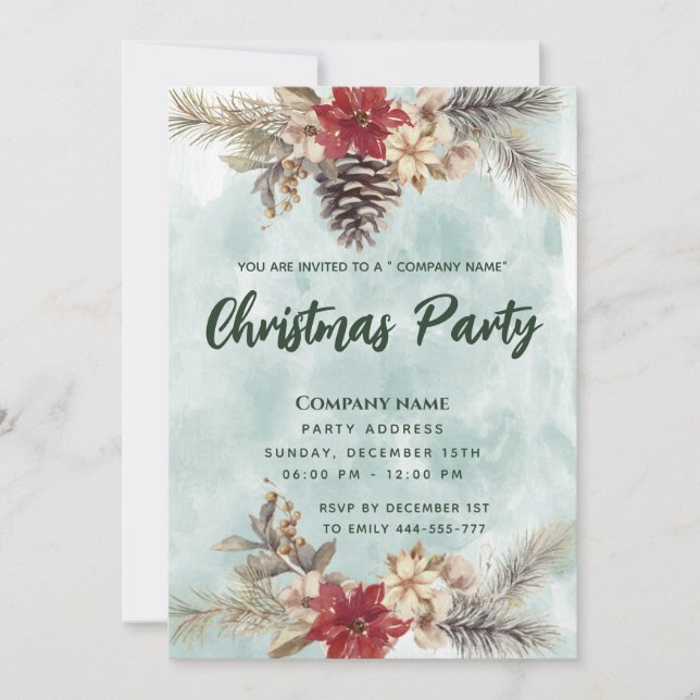 Watercolor Boho Pine cone branch Christmas party  Invitation (Front)