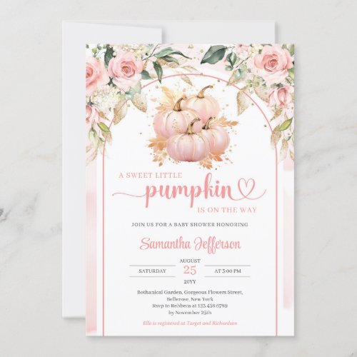 Watercolor boho pink and gold pumpkin arch floral invitation