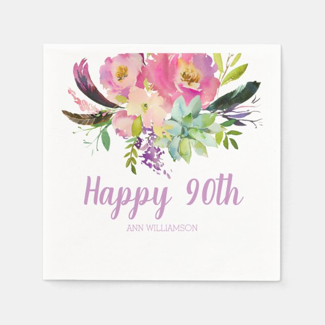 Watercolor Boho Pink and Purple Floral Birthday Napkins (Front)