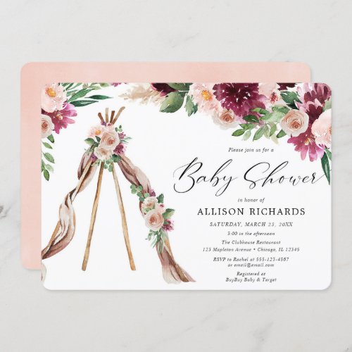 Watercolor Boho pink burgundy floral baby shower Invitation
