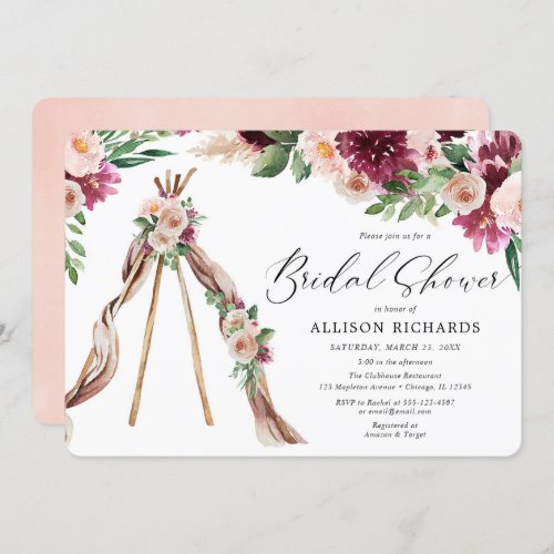 Watercolor Boho pink burgundy floral bridal shower Invitation