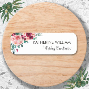 Watercolor Boho Pink Burgundy Rose Floral Name Tag