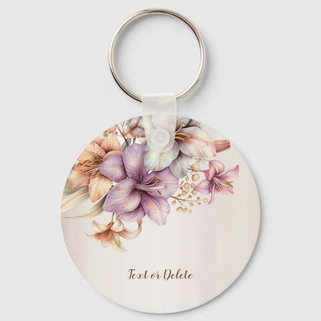 Watercolor Boho Pink Flowers Elegant Stylish Keychain (Front)