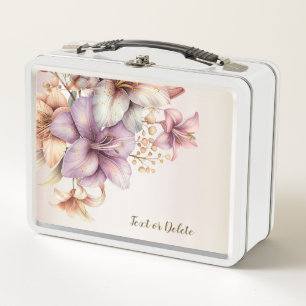 Watercolor Boho Pink Flowers Elegant Stylish Metal Lunch Box