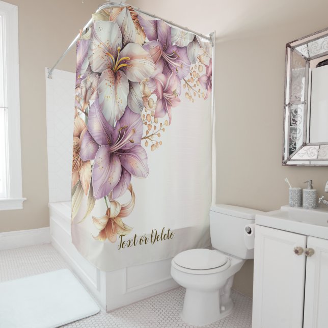 Watercolor Boho Pink Flowers Elegant Stylish Shower Curtain (In Situ)