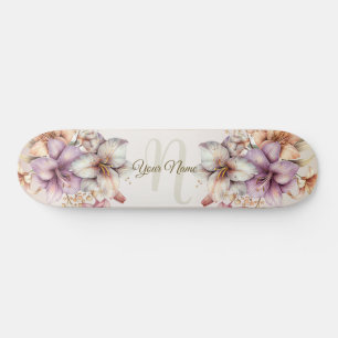 Watercolor Boho Pink Flowers Elegant Stylish Skateboard