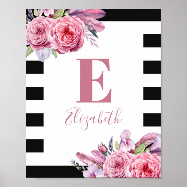 Watercolor boho pink flowers. Nursery monogram Poster (Front)