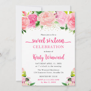 Watercolor Boho Pink Summer Flowers Sweet Sixteen Invitation
