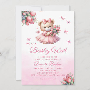 Watercolor Boho Pink Teddy Bear Girl Baby Shower  Invitation