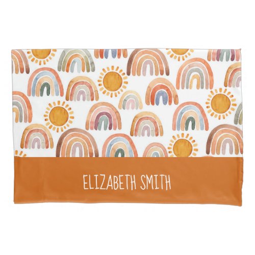 Watercolor Boho Rainbow and Sun Personalized   Pillow Case