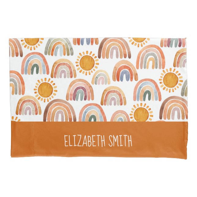 Watercolor Boho Rainbow and Sun Personalized   Pillow Case (Front)