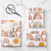 Watercolor Boho Rainbow and Sun Wrapping Paper Sheets