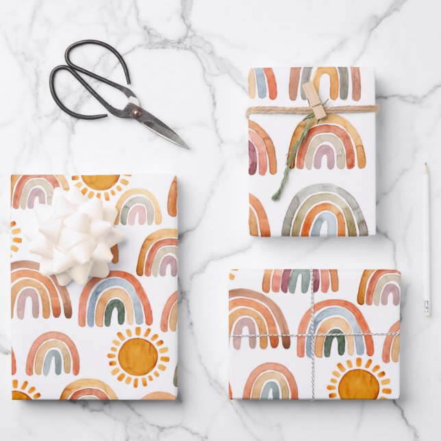 Watercolor Boho Rainbow and Sun  Wrapping Paper Sheets (Front)