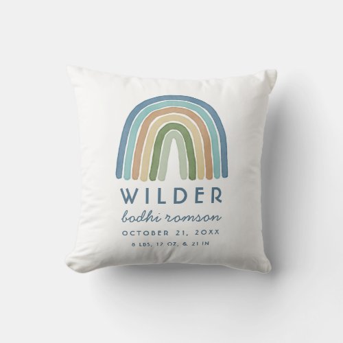 Watercolor Boho Rainbow Birth Information Blue Thr Throw Pillow