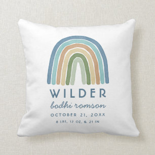 Watercolor Boho Rainbow Birth Information Blue Thr Throw Pillow