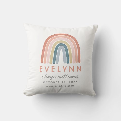 Watercolor Boho Rainbow Birth Information Coral Throw Pillow