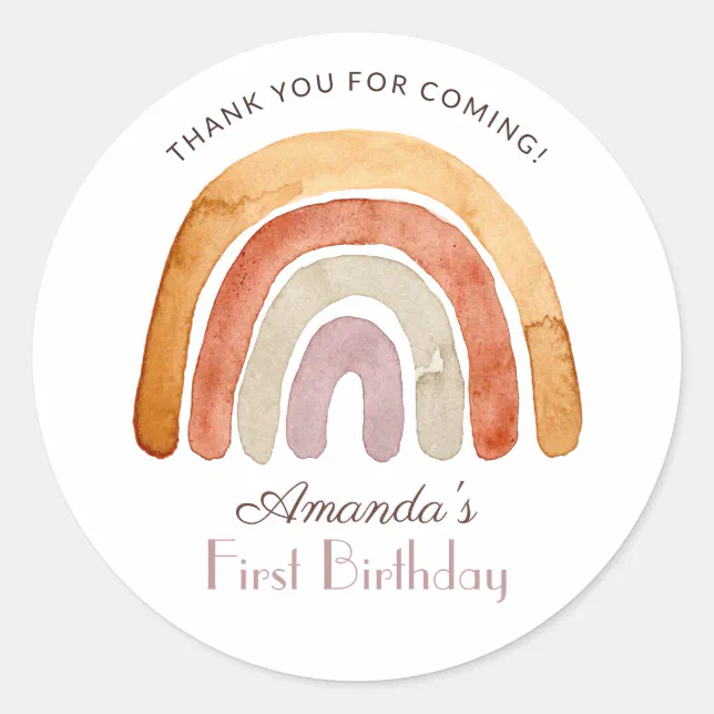 Watercolor Boho Rainbow First Birthday Classic Round Sticker | Zazzle
