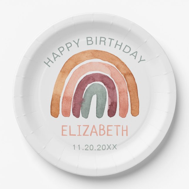 Watercolor Boho Rainbow Happy Birthday Paper Plates (Front)