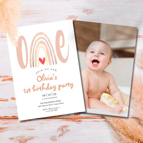 Watercolor Boho Rainbow Heart Photo 1st Birthday Invitation