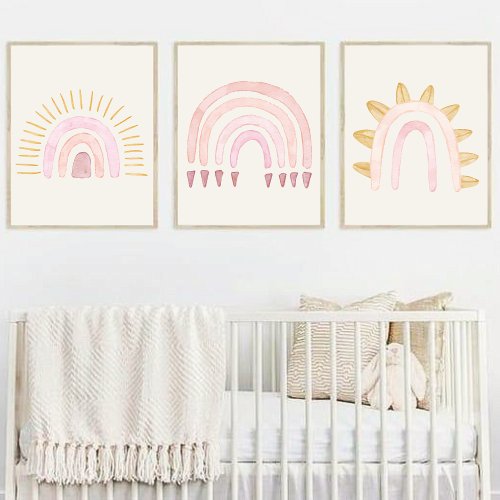 Watercolor Boho Rainbow Sun Nursery Decor  Wall Art Sets