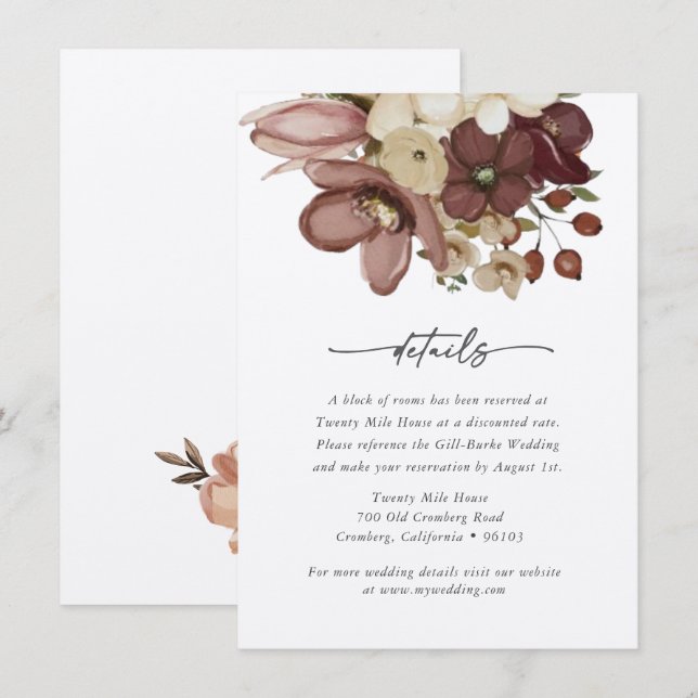 Watercolor Boho Rose & Neutral Wedd Details Card (Front/Back)