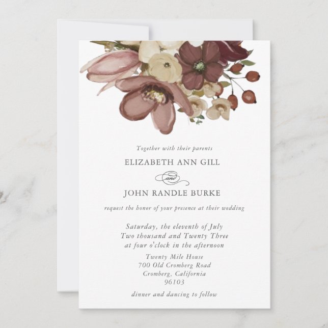 Watercolor Boho Rose & Neutral Wedding Invitation (Front)