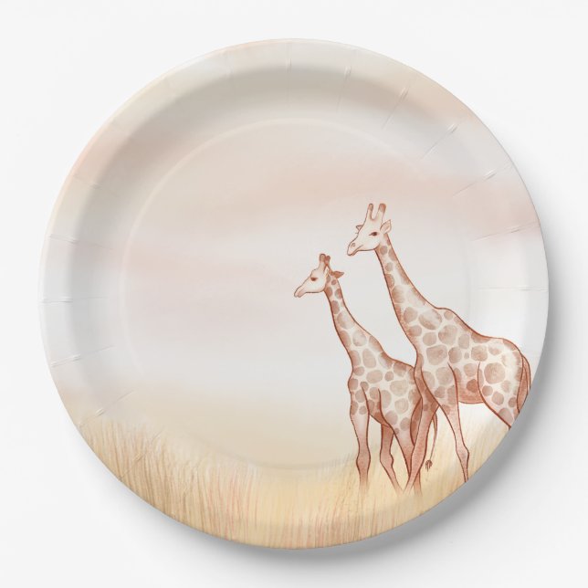 Watercolor Boho Safari Giraffe Paper Plates (Front)
