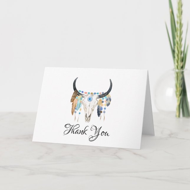Watercolor Boho Skull Thank You Card (Front)