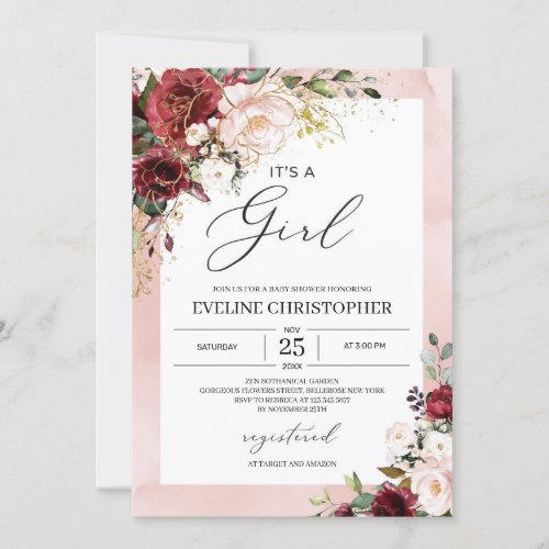 Watercolor boho soft pink floral its a girl baby invitation