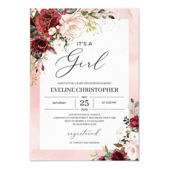 Watercolor boho soft pink floral it's a girl baby invitation
