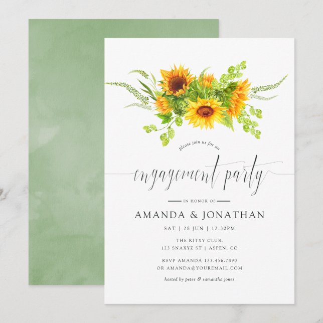 Watercolor Boho Sunflowers Engagement Party Invitation (Front/Back)