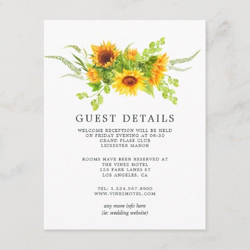 Watercolor Boho Sunflowers Wedding Guest Details Enclosure Card