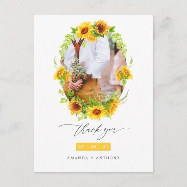 Watercolor Boho Sunflowers Wedding Photo Thank You Postcard (Front)