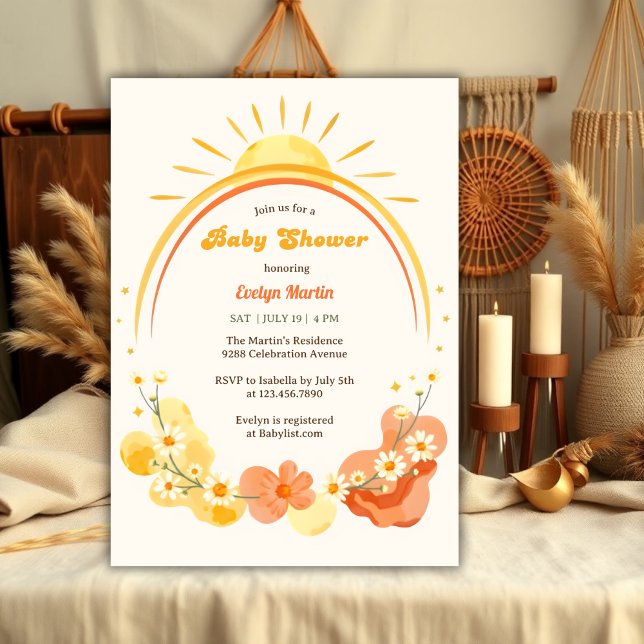 Watercolor Boho Sunshine Retro Sun Baby Shower Invitation (Watercolor Boho Sunshine Retro Sun Baby Shower Invitation)