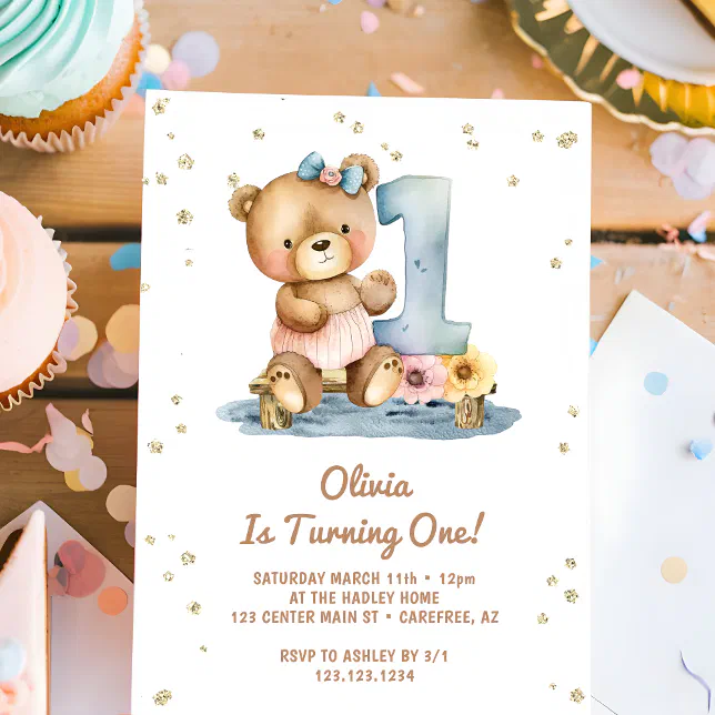 Watercolor Boho Teddy Bear 1st Birthday Invitation | Zazzle