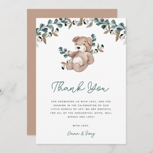 Watercolor Boho Teddy Bear Greenery Baby Shower  Thank You Card