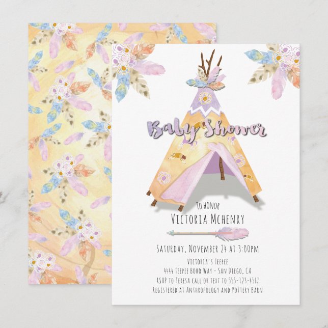 Watercolor Boho Tribal Baby Shower Rustic Teepee Invitation (Front/Back)