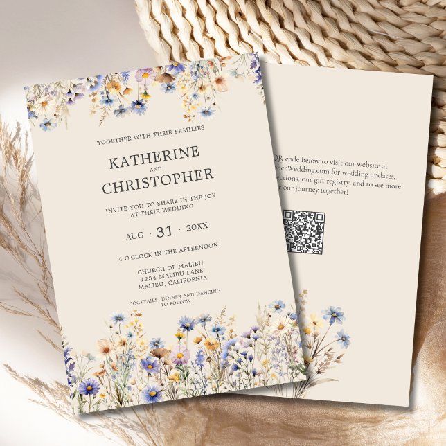 Watercolor BOHO Wildflower Elegant Beige Wedding Invitation (BOHO Wildflowers Elegant Wedding Invitation with Purple, Blue, Yellow Wildflowers, QR Code, Beige.)