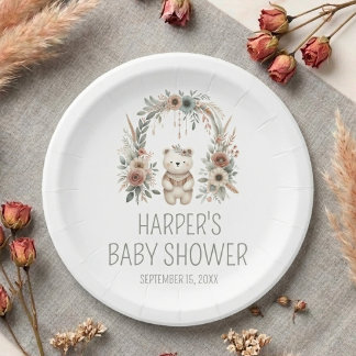 Watercolor Boho Woodland Bear Baby Shower Paper Plates