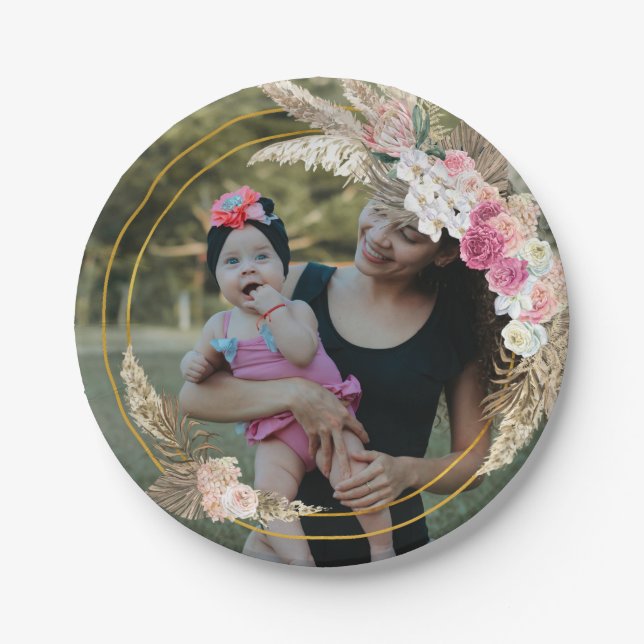 Watercolor boho wreath, Personalized Photo Paper Plates (Front)