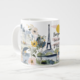 Watercolor Bonjour Beautiful Paris Giant Coffee Mug