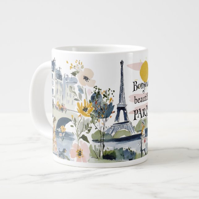 Watercolor Bonjour Beautiful Paris Giant Coffee Mug (Front Left)